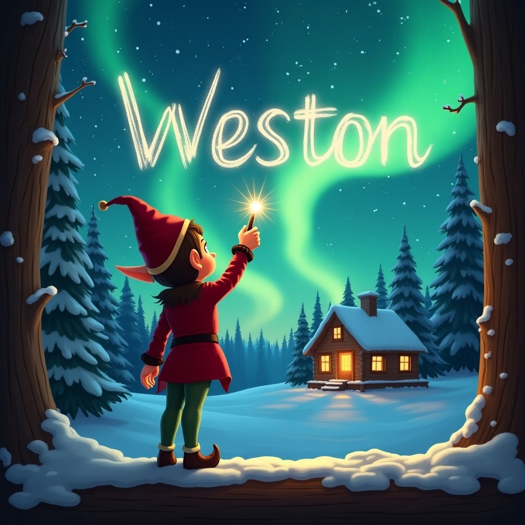 Elf stands with back to viewer. Elf writes name Weston in the air with a wand. Background has magical northern lights and cozy cabin. Lights glow softly over snow.