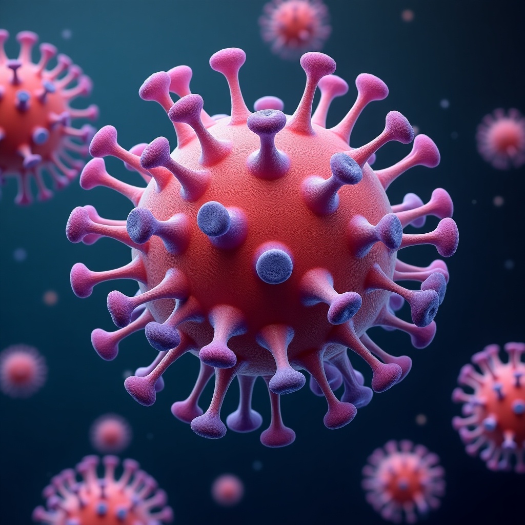 3D illustration of a virus with pink and purple spikes. Focus on viral structure and details against a dark background.