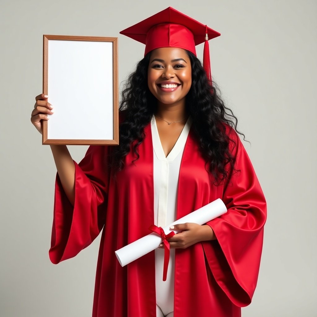 A joyful woman celebrates her graduation in a vibrant red gown and cap. She holds a rolled diploma tied with a ribbon in one hand. In the other hand, she showcases a blank framed plaque, signifying her achievements. Her long, curly black hair cascades down, and she sports a warm smile that radiates pride. The background is a muted neutral color, allowing her bright outfit to stand out. This image encapsulates the essence of graduation day, symbolizing hard work and success.