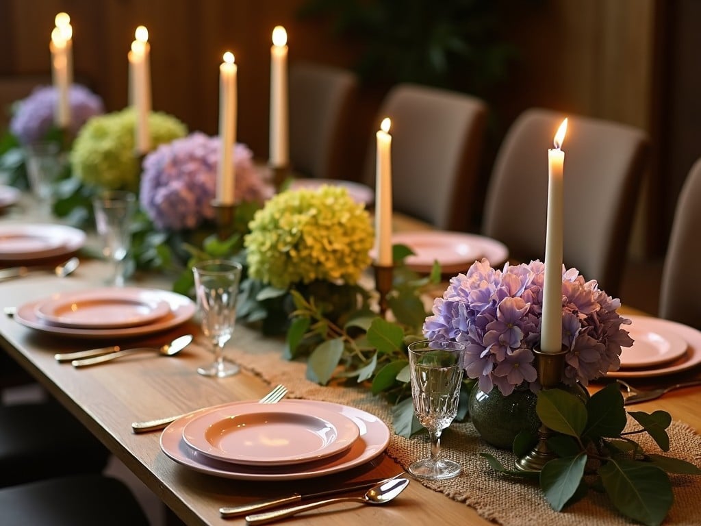 The image features a beautifully set rectangular dining table perfect for an elegant dinner. The table is adorned with a jute runner and lush greenery, enhancing the natural aesthetic. Vibrant antique green and purple hydrangeas are arranged in small bases, adding a pop of color. Each place setting includes blush plates that complement the floral arrangements. Warm candlelight from long candles creates a soft, inviting glow, making it ideal for intimate gatherings.