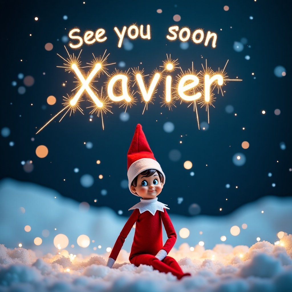 Create a captivating image featuring an Elf on the Shelf in a snowy night setting. The elf, dressed in bright red and white, should be surrounded by soft, fluffy snow. Above the elf, write 'See you soon Xavier' in sparkling letters that resemble fireworks. The background should have a soft blue hue to enhance the nighttime effect. Add a few twinkling stars to complete the magical winter scene. This image should evoke a festive and whimsical holiday spirit.