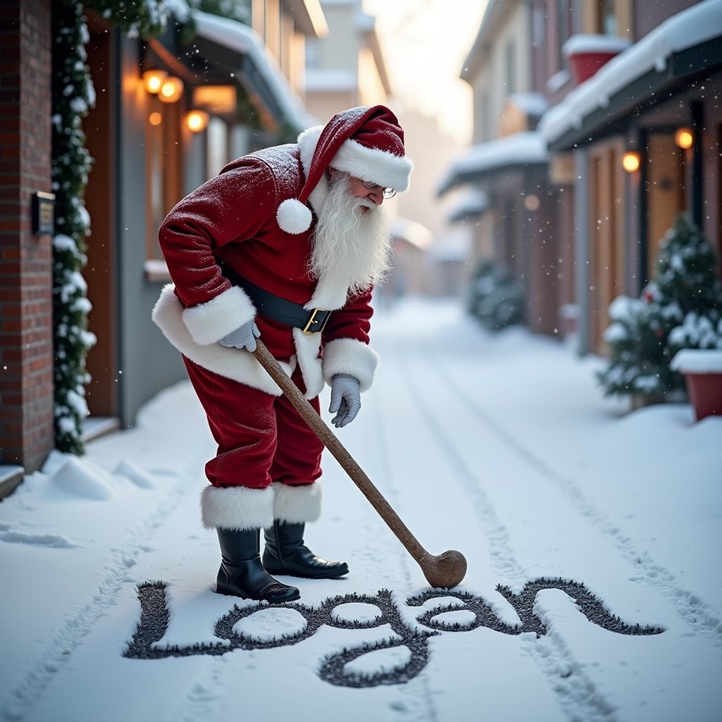 Santa Claus writes Logan in fresh snow. The scene shows traditional red and white attire with a black belt and boots. Charming buildings frame a snowy street. Soft winter light fills the scene, conveying a festive mood.