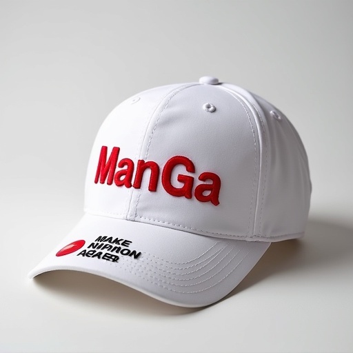 White cap with bold red letters saying MaNGA Visor features Make Nippon Great Again  Stylish and trendy design