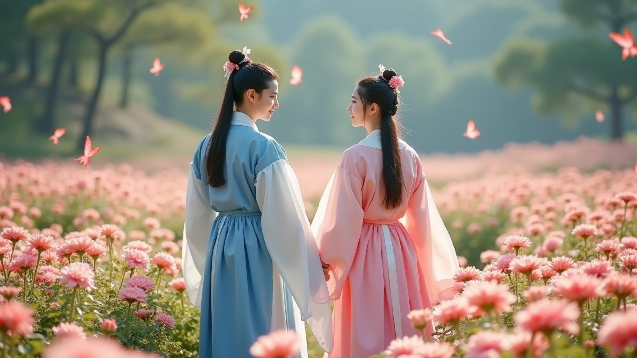 The image depicts two women in traditional Asian dresses, standing hand in hand in a vibrant flower field. The one on the left wears a soft blue outfit, while the one on the right is dressed in pink. They are surrounded by blooming flowers, with butterflies fluttering around. This scene captures a moment of friendship and beauty in nature. The soft, natural lighting creates a serene atmosphere, enhancing the colors and details of the dresses and the flowers around them.