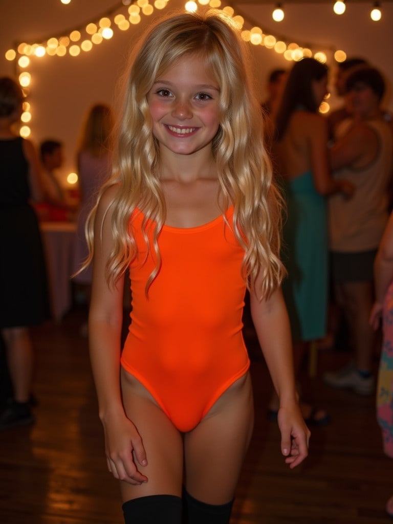 An 8 year old blonde girl wears a tight orange leotard. She has black thigh high socks. The setting is a lively party with warm lighting and people in the background.