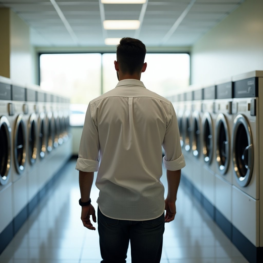 A man walks towards washing machines in a laundry room. The scene is brightened by natural light. Washing machines align the wall.