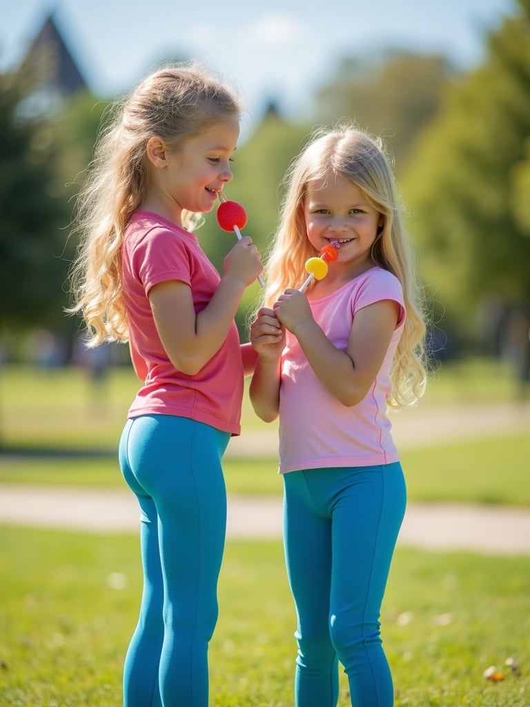 Two blonde girls in a park. Sunny day. Sucking lollipops. Wearing blue leggings. Looking at the camera. Standing with backs facing camera.