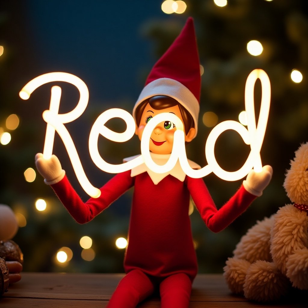 Elf character dressed in holiday attire. Elf making the word 'Read' with a glow stick. The background has northern lights. Scene is cheerful and festive.