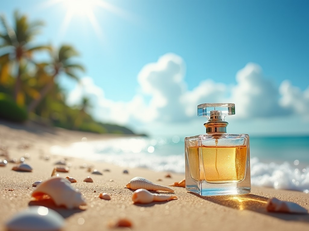 a glass perfume bottle on a sandy beach with seashells, ocean waves in the background, palm trees, bright sunlight