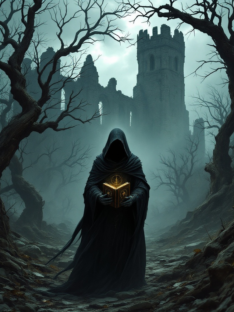 Dark neglected landscape features dead trees and twisted branches that stretch towards the sky. Crumbling ruins of a castle are visible in the background, emitting a mysterious light. A hooded figure stands in the foreground, holding an ancient tome with strange symbols.