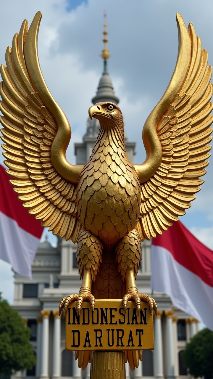 This image features a majestic golden eagle statue with its wings widely spread, set against a backdrop of an elaborate building and the red and white colors of the Indonesian flag. The words 'INDONESIAN DARURAT' are prominently displayed beneath the statue, suggesting a theme of vigilance or urgency. The scene is vibrant with the eagle's golden hue contrasting sharply against the blue sky and flag colors.