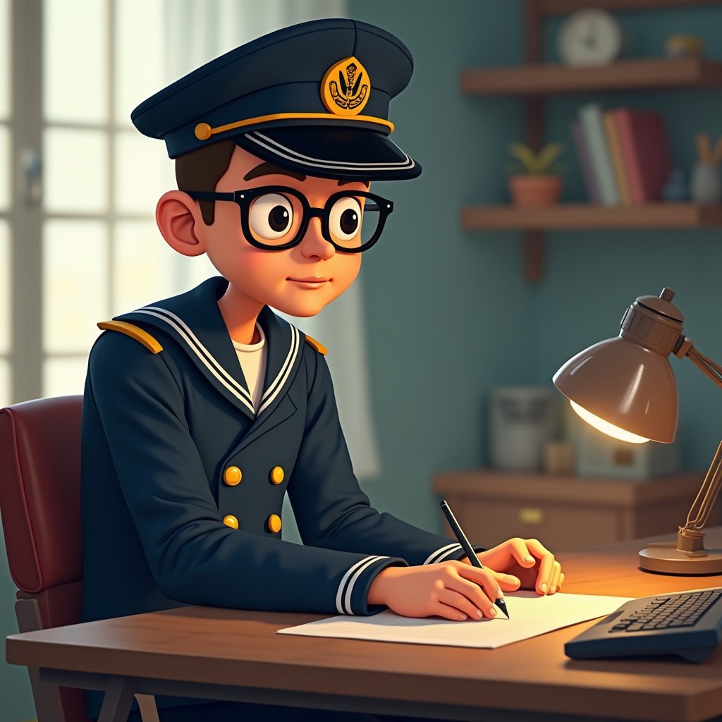 Stickman character creating animations in studio. Character in navy outfit. Desk with animation tools and warm lighting.