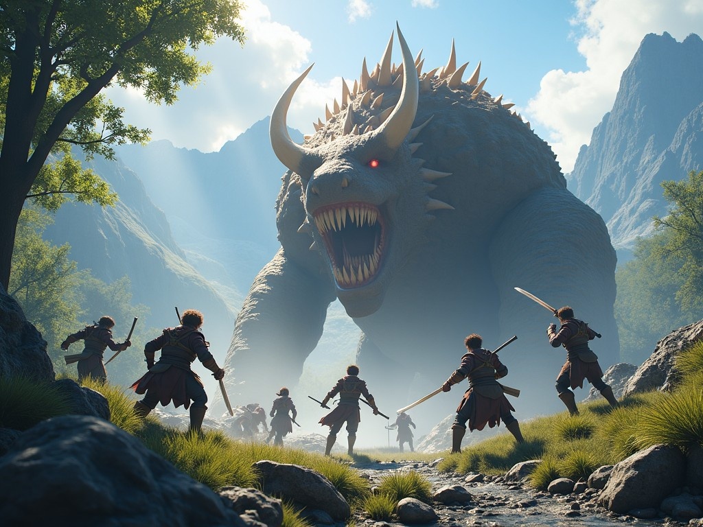 A dynamic scene featuring characters from Monster Hunter Outlanders engaged in an epic battle against a massive monster. The environment is lush and filled with detailed foliage and rocky terrain. The characters are equipped with various weapons and armor, showcasing a variety of fighting styles. Rays of light break through the clouds, illuminating the dramatic confrontation. In the background, towering mountains add to the majestic feel of the wilderness. This image serves as a captivating desktop background.