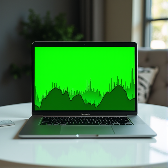 A laptop on a table displays a bright green screen with black mountainous shapes and spike-like patterns, creating an abstract visual.