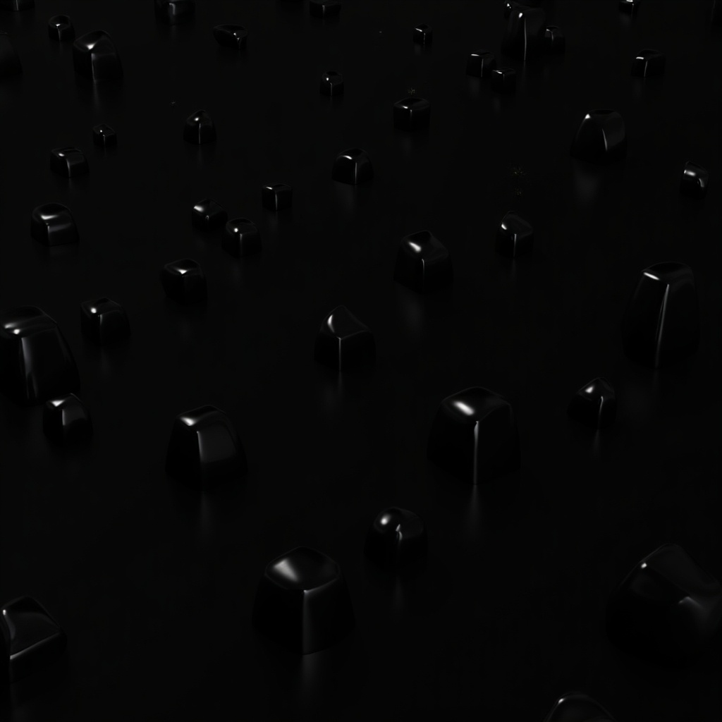 A pattern of shiny black cubes is arranged on a dark background, creating a visually striking and minimalist design. The cubes have reflective surfaces, adding depth and dimension to the overall look. The scene is set in a dimly lit environment, highlighting the sleekness of each cube. Variations in the shapes and sizes of the cubes contribute to an abstract feel. This imagery evokes a sense of modernity and sophistication, perfect for contemporary design applications.