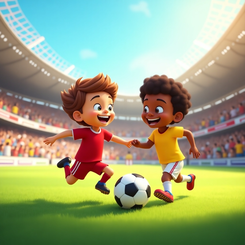 This image depicts two animated children playing soccer on a vibrant green field. One child wears a red jersey while the other sports a yellow jersey. They joyfully chase after a soccer ball, symbolizing friendship and fun. The background is a lively stadium filled with cheering spectators, enhancing the excitement of the scene. Sunlight brightens the image, contributing to an overall cheerful ambiance. The animation style is colorful and engaging, making it appealing to both children and families.