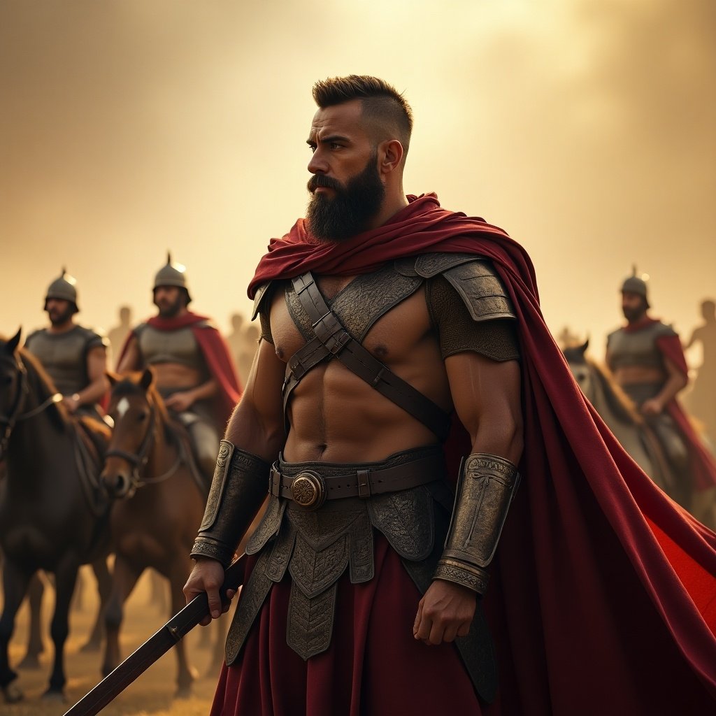 A strong warrior stands ready for battle. The warrior wears armor and a red cape. In the background, soldiers on horseback prepare for conflict. The atmosphere conveys tension and anticipation.