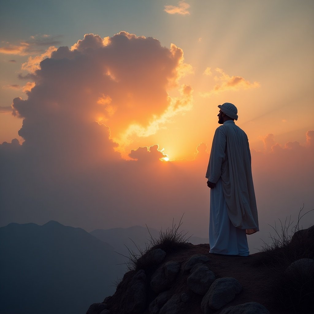 Image depicts a Muslim man in traditional clothing at a mountain edge. He looks at a colorful sunset sky with fluffy clouds. His stance suggests contemplation and hope. The rugged landscape adds a tranquil feel.