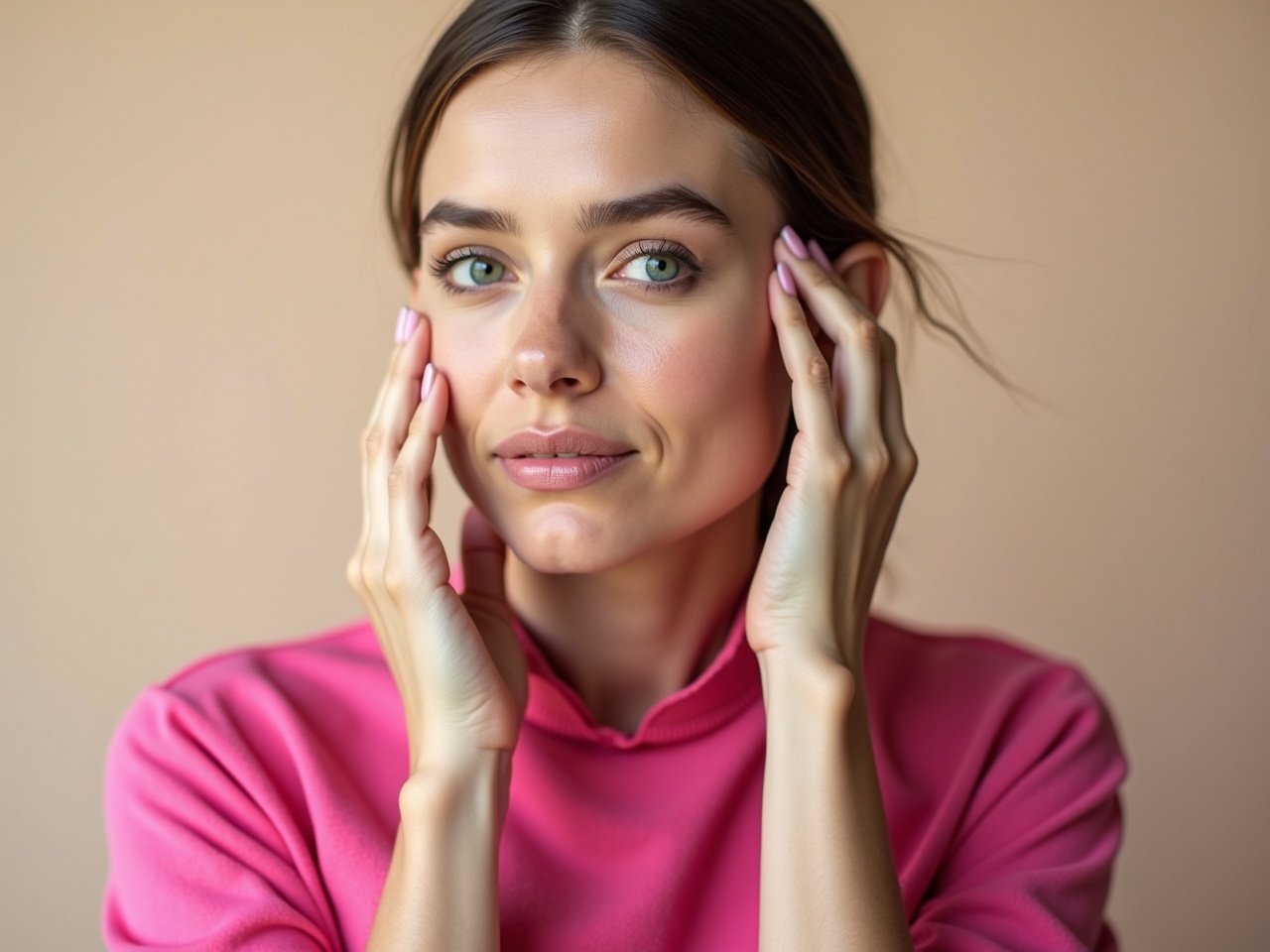 The image portrays a person with even lighting on their face, making features appear well-defined and clear. The individual is no longer resting their hand on their face, allowing for a natural posture. The background remains softly blurred, emphasizing the individual. The expression shows a calm demeanor, enhancing the overall tranquility of the scene. The person is dressed in a vibrant pink top, which stands out against the neutral background.