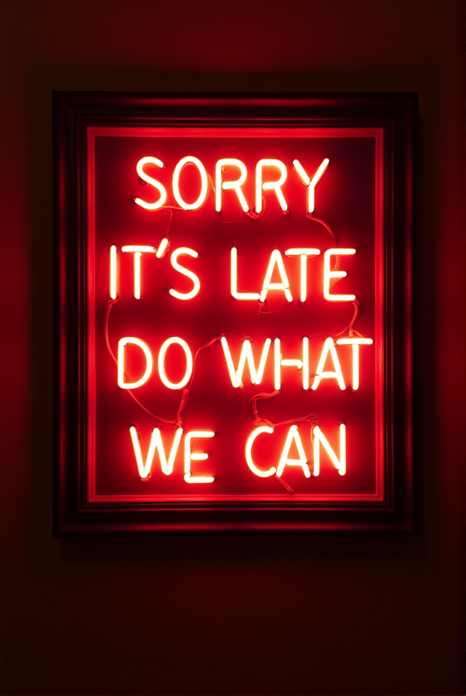 A framed red neon sign displays the message 'SORRY IT'S LATE DO WHAT WE CAN' against a dark background.