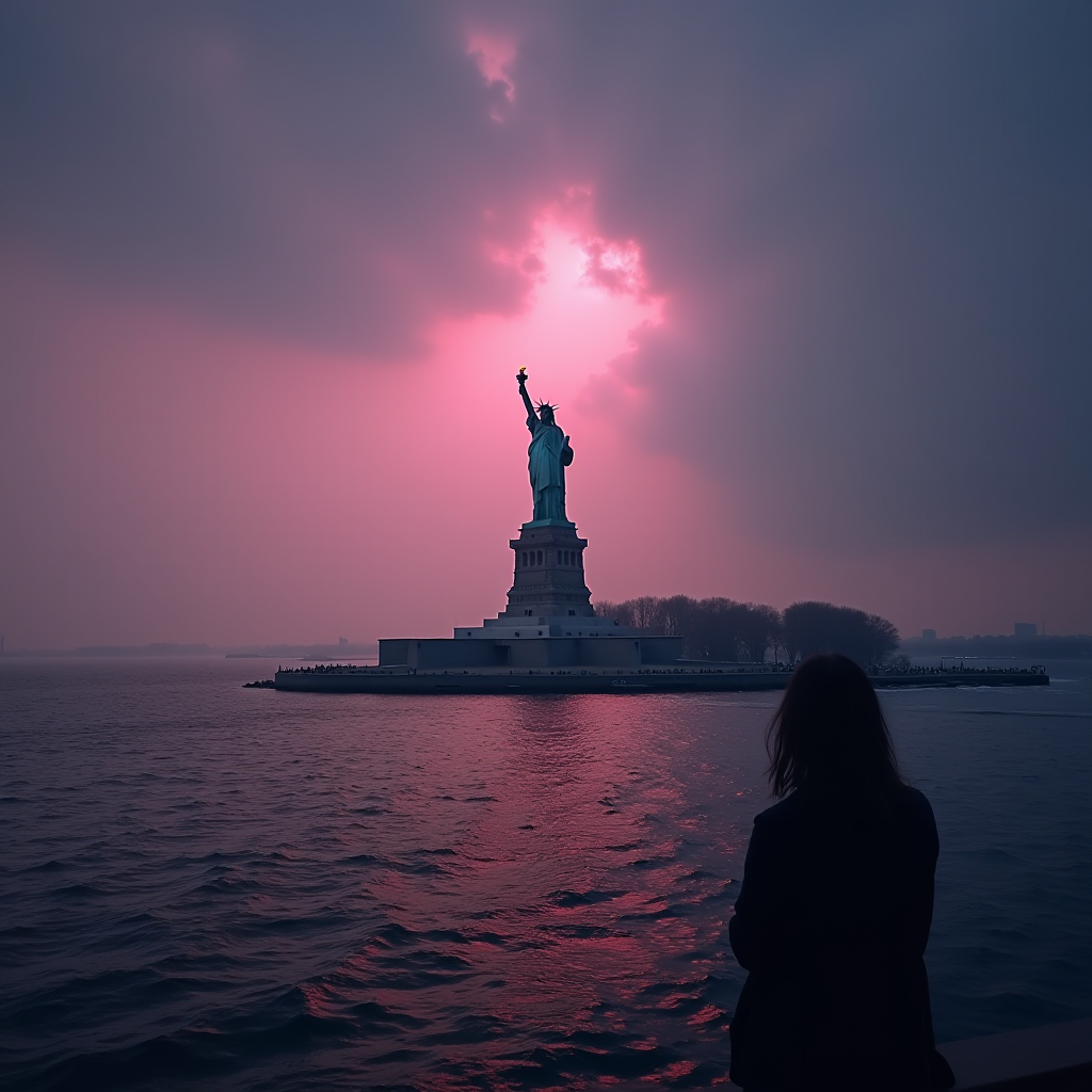 A silhouette of a person gazes at the Statue of Liberty against a dramatic pink and purple sunset sky.