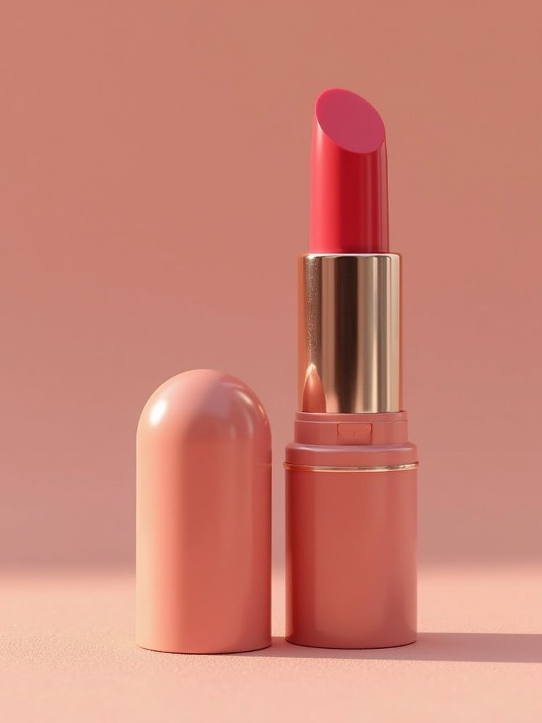 Lipstick presented on a pink backdrop. The lipstick is a vibrant shade of pink. The lipstick case is sleek and modern. The overall aesthetic is clean and attractive. Focus on the eco-friendly aspect of the product.