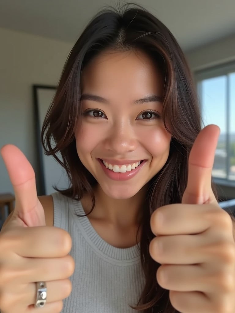 Selfie image showcasing positivity with a thumbs up gesture. The person is smiling and giving a gesture of approval.