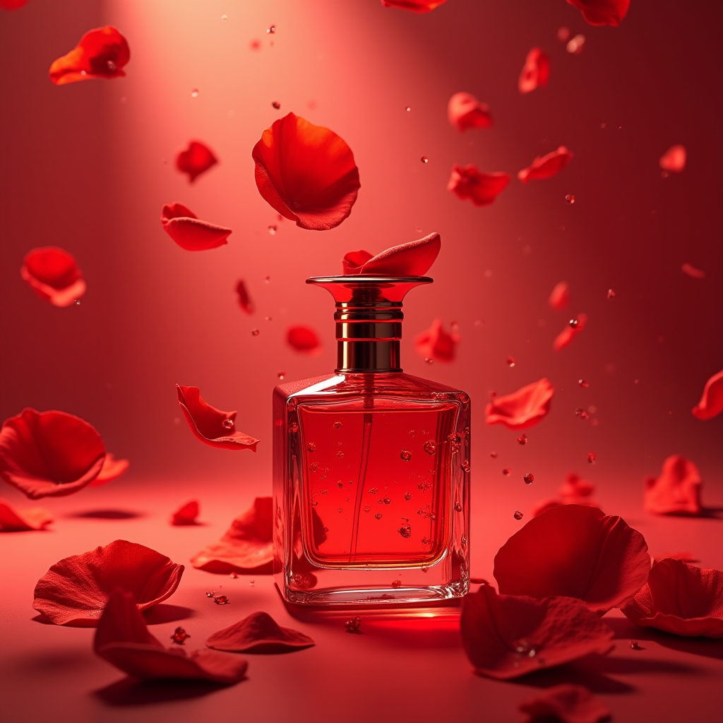 A perfume bottle surrounded by floating red petals in dramatic lighting.