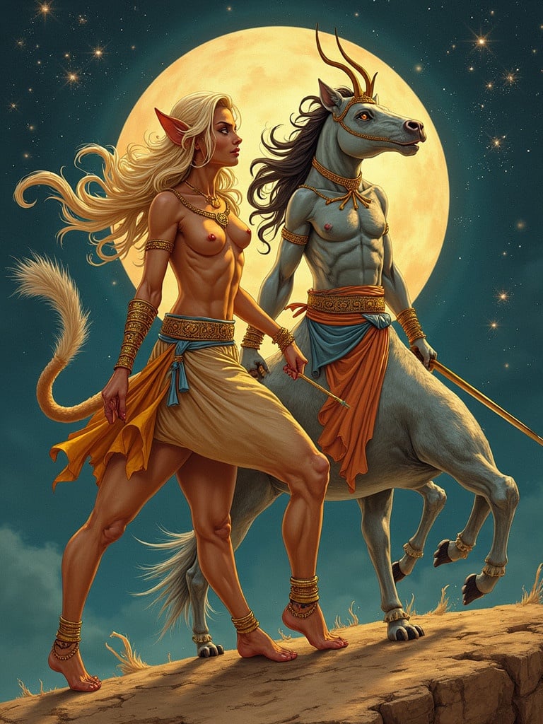 Two warriors representing Gemini zodiac. One is humanoid wearing a flowing garment. The other is a centaur-like creature with a muscular build. Both walk confidently against a dramatic full moon backdrop. The scene embodies themes of astrology and fantasy.