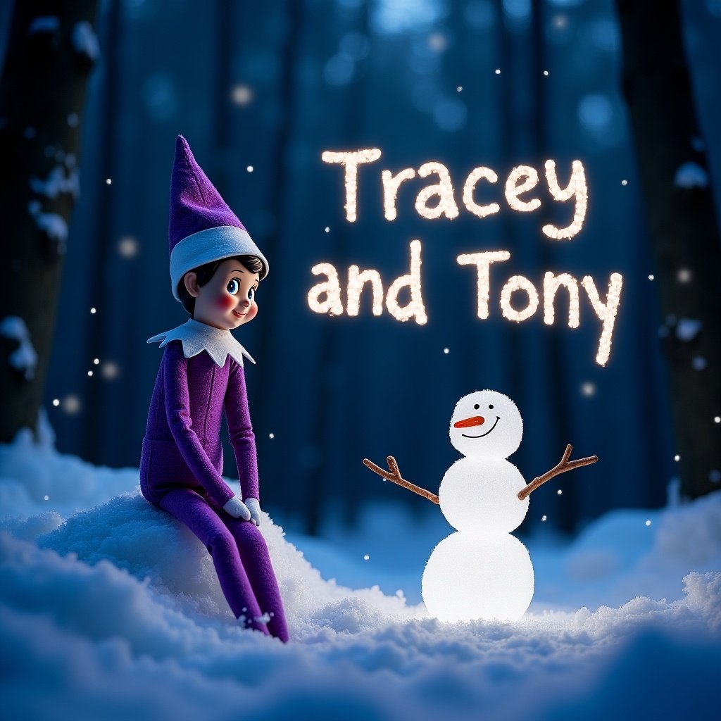 Create a whimsical image featuring a purple Elf on the Shelf in a snowy woodland setting at night. Include a cheerful snowman and the names Tracey and Tony illuminated with sparkling light.