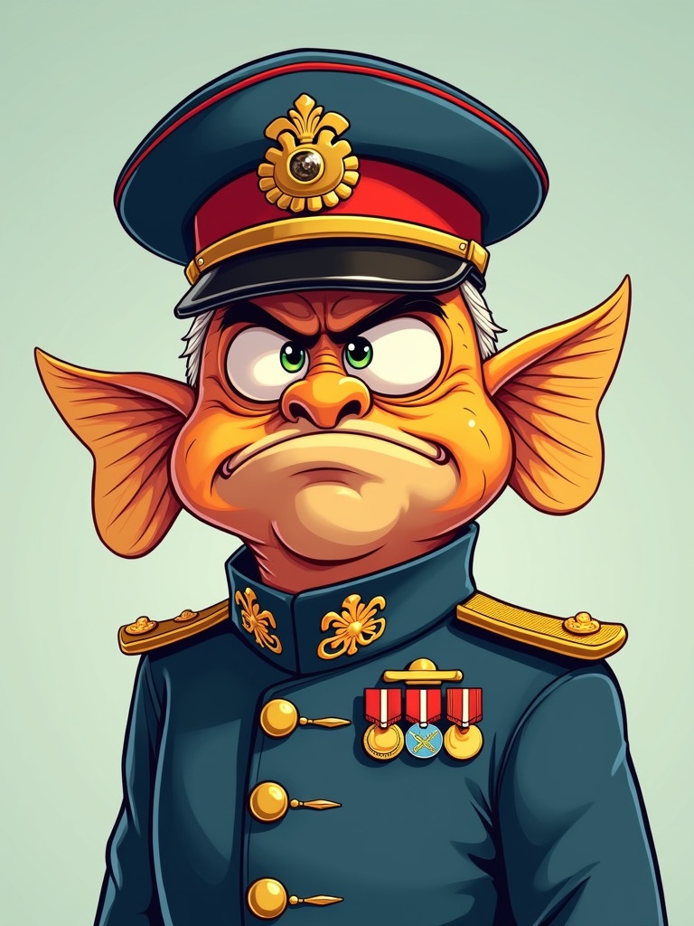 Cartoon character of a fish in military uniform. The character has a decorated hat and medals. The fish looks very old and grumpy. The illustration features vibrant colors and a whimsical design.