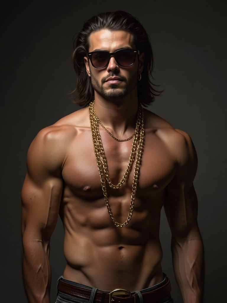 Muscular man showcased against a dark background. Golden chains draped around the neck highlight the body features. Toned torso with visible definition. Strong arms and chest emphasized with dynamic lighting.