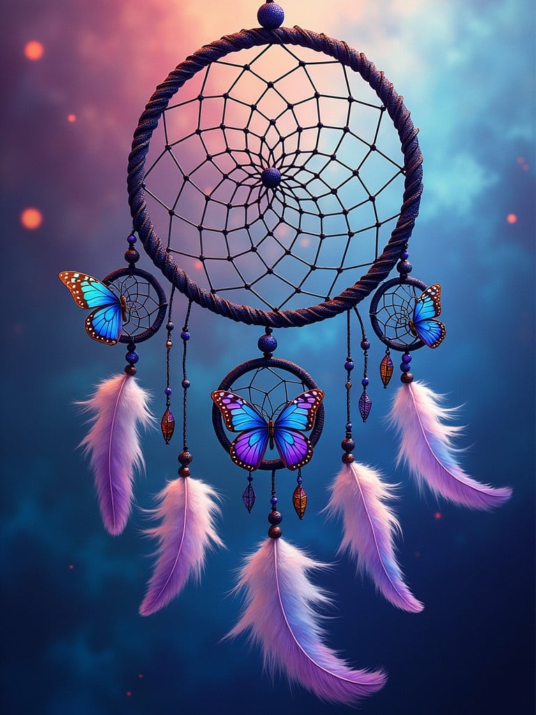 Create artwork that depicts dreamcatcher adorned with intricate webbing. Include colorful butterflies with blue and purple hues, surrounded by soft feathers and beads. Use vibrant background to enhance dreamcatcher's colors.