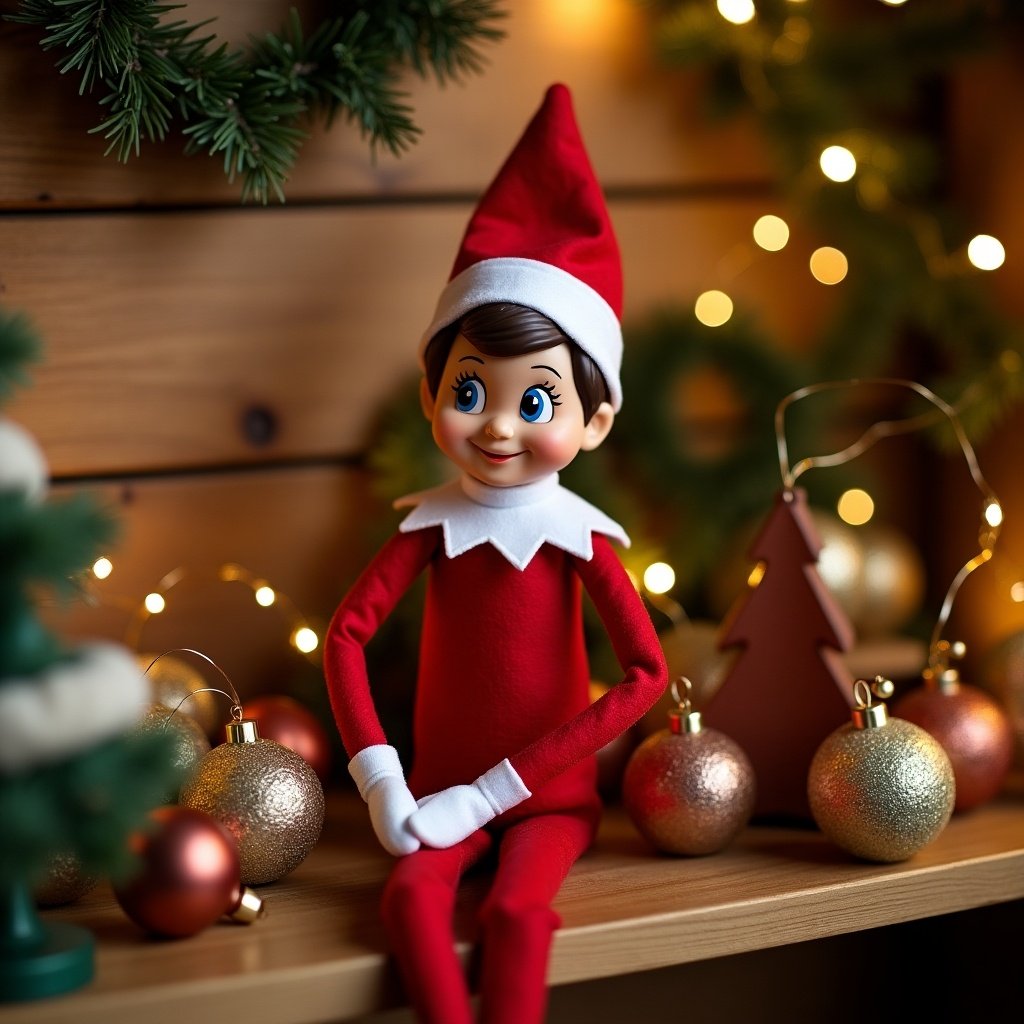 This image features a cheerful Elf on a Shelf doll sitting on a wooden shelf. The elf is dressed in a bright red outfit with a white collar and gloves. Surrounding the elf are various decorative elements, including golden ornaments and small Christmas trees. Soft, warm lights in the background create a festive atmosphere. The entire scene evokes a sense of holiday joy and childhood wonder, perfect for the Christmas season.