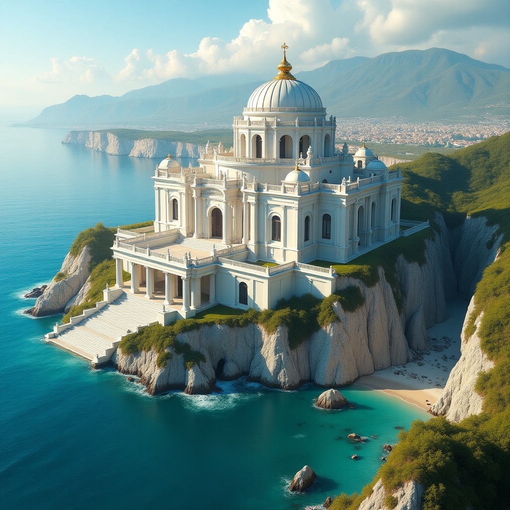 A breathtaking neoclassical castle is perched on white cliff shores of a lush green island. The castle features multiple dome structures, highlighting the impressive central dome that serves as the main hall. Surrounding the castle are beautifully sculpted white marble statues, enhanced with elegant gold accents. Nearby, a second island thrives with a vibrant trading city along its shores. The scene is lively and picturesque, capturing the essence of a serene coastal paradise. The vibrant colors of the landscape contribute to the enchanting beauty of this fantasy setting.