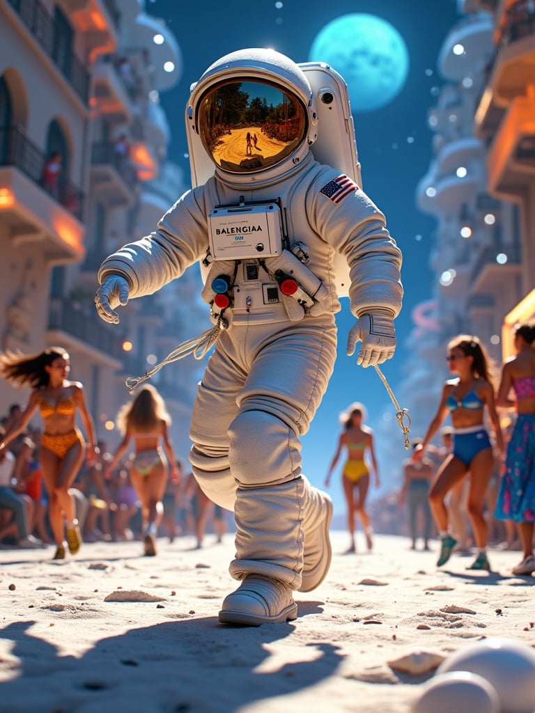 An astronaut in a white space suit dances energetically on the moon. The astronaut has arms outstretched and is balanced on one tiptoe. The background shows a starry sky with musical notes and stars, creating a lively atmosphere. The astronaut's reflection is visible in a helmet, and colorful energy surrounds the scene.