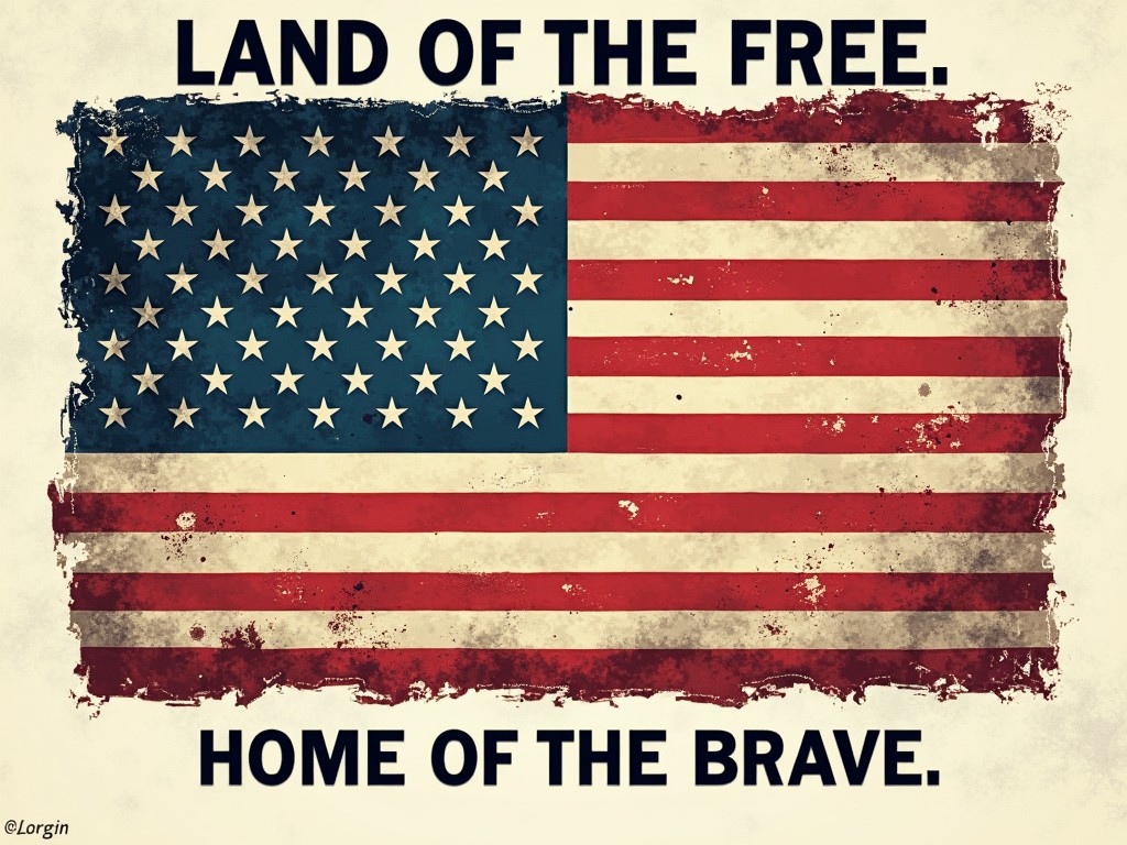 This image features a weathered American flag with a distressed texture, giving it a vintage feel. Above and below the flag, bold text reads 'LAND OF THE FREE. HOME OF THE BRAVE.' The overall aesthetic suggests themes of patriotism and resilience, appealing to a sense of national pride.