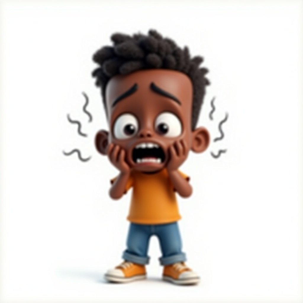 A 3D-rendered cartoon character. The character is a 10-year-old boy with an expressive, hysterical face. The boy has curly hair, wears an orange shirt and blue jeans, and stands against a plain white background.