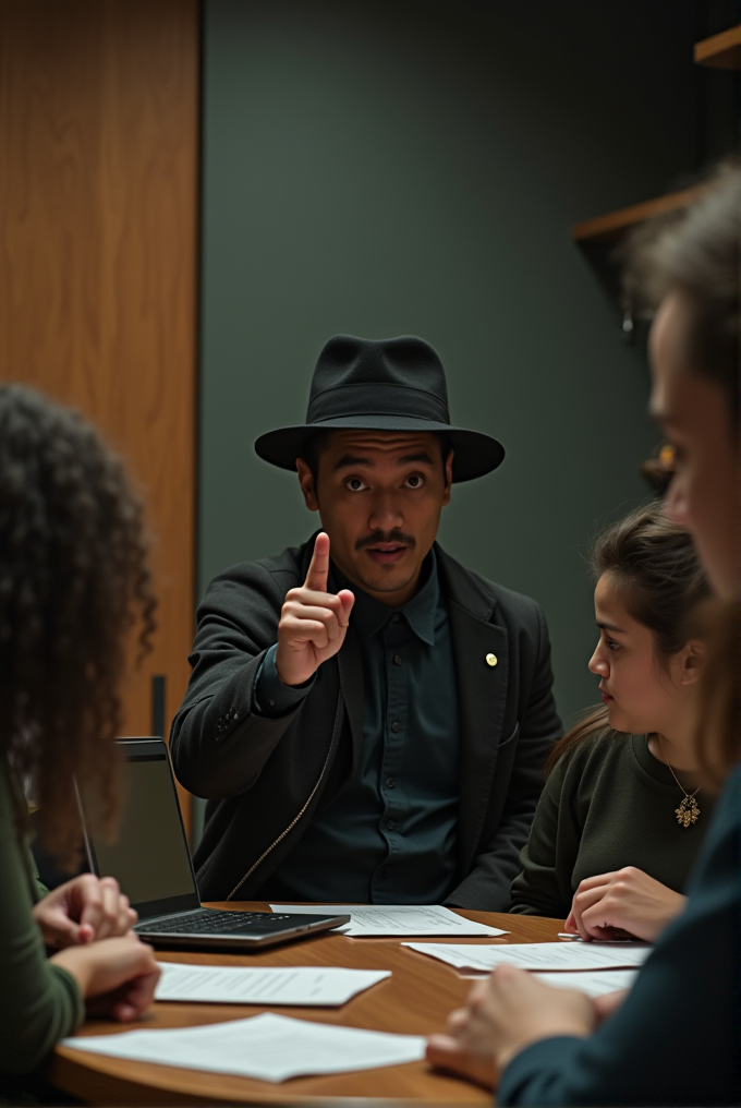 A person wearing a hat talks to others around a table with papers and a laptop.