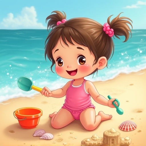 A cute little girl wearing a tiny pink bikini is playing at the beach. She is sitting in the sand and has a bucket and toys. The scene captures summertime joy.