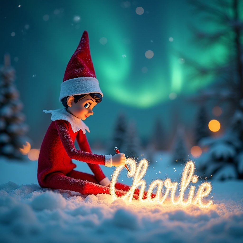 Whimsical scene showing an elf on the shelf writing the name Charlie in the snow. The elf is in a red and white outfit. Magical lights suggest enchantment. Snowy background with northern lights. Name rendered in glowing cursive. Captures spirit of Christmas and children's joy.