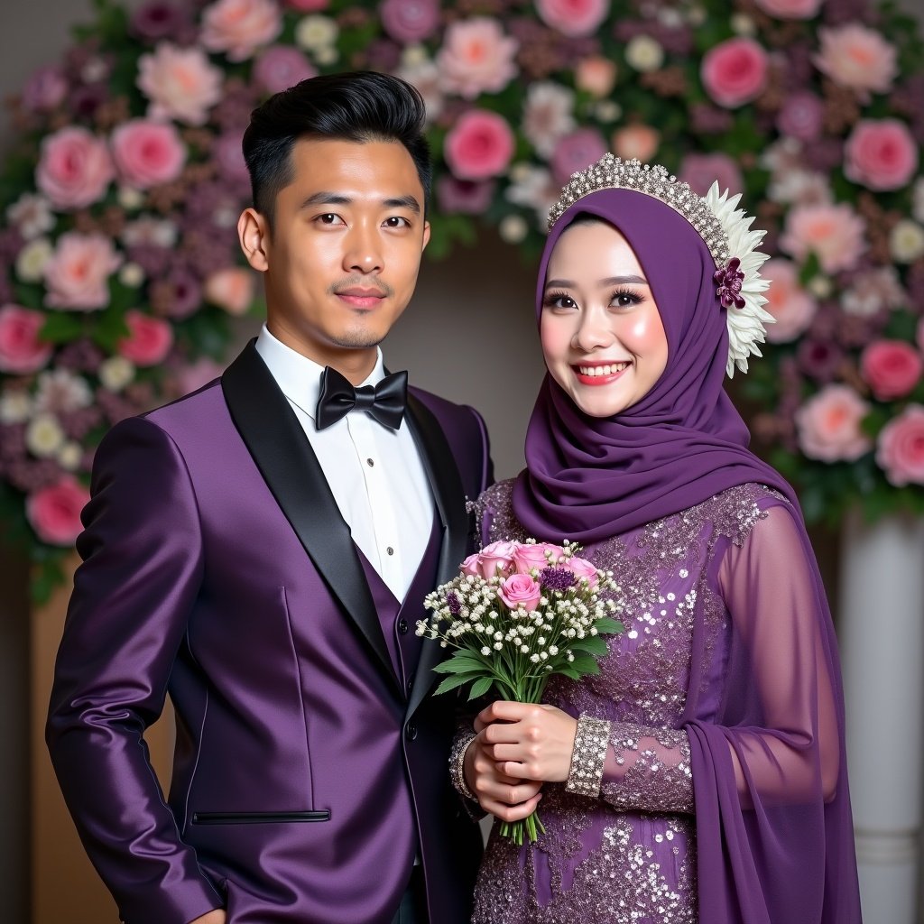 Elegant Malay Korean Wedding Couple in Purple Attire with Floral Background Flux AI Image