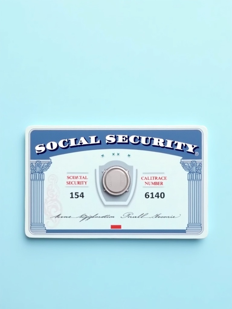 Depiction of a generic social security card. The card has the text 'SOCIAL SECURITY' on top. Key numbers show '154-02-6140'. A graphic chip is present to signify modern identification. Decorative elements confirm its official character. Background is a light blue for visual enhancement. The design is professional and clean, highlighting the importance of social security identification.