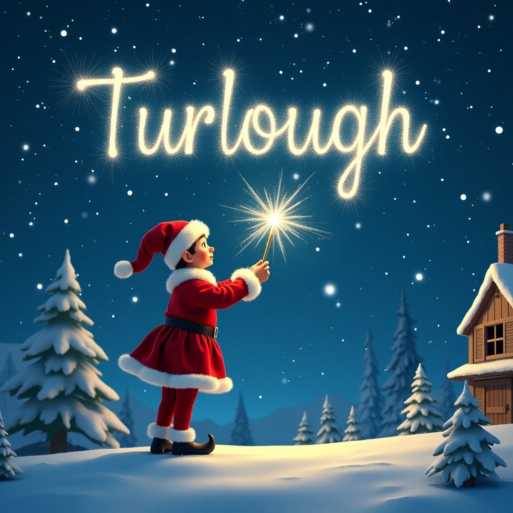 Elf on the shelf outside Santa's workshop in winter wonderland. Elf using magical wand to write names in the starry sky. Snow covers the ground. Above, 'Turlough' is written in sparkling light.