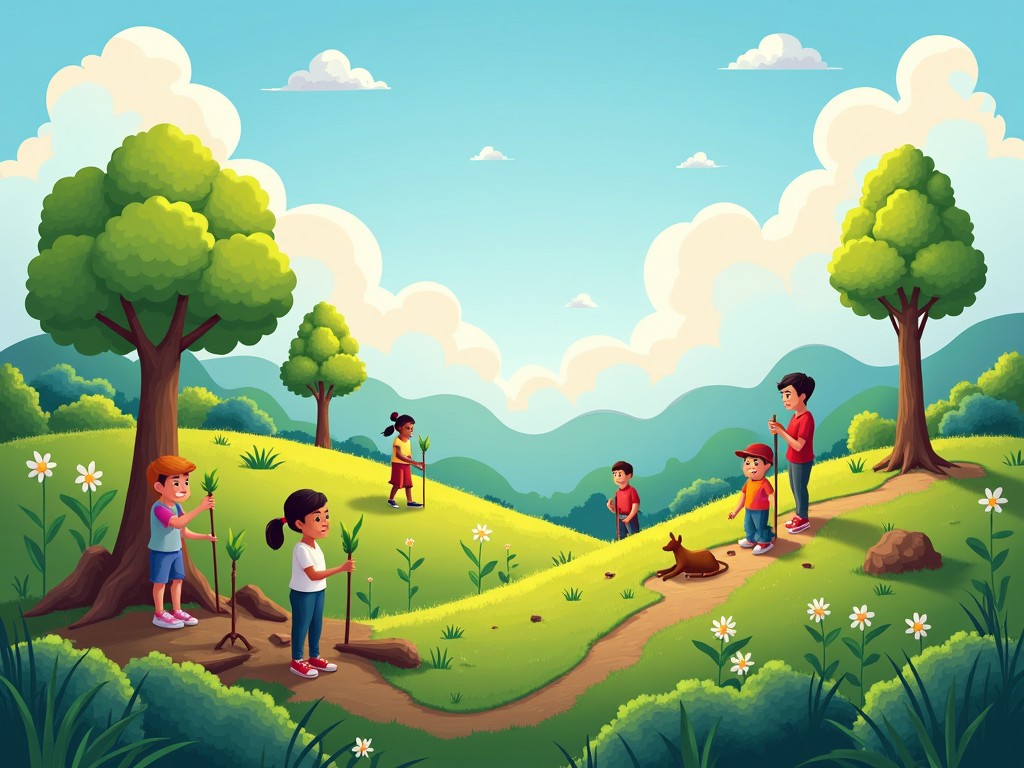 A colorful illustration shows a vibrant hilly landscape with children enjoying various outdoor activities. On the left, two kids are joyfully exploring with sticks. In the center, a boy is playing with a dog while a girl collects flowers nearby. Further back, other kids are walking and observing nature. The background features soft rolling hills under a bright blue sky with puffy white clouds. This image captures the essence of childhood adventure and connection with nature.