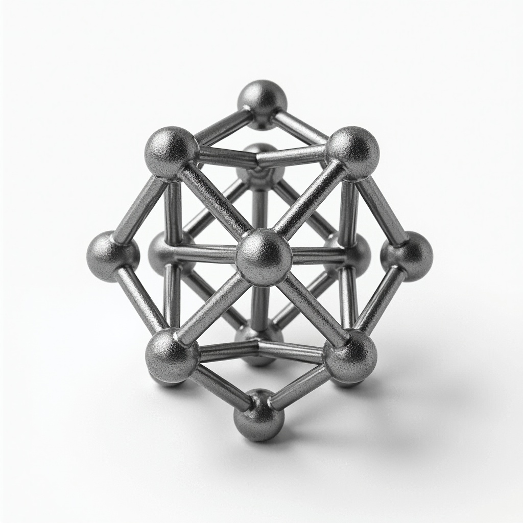 This image features a detailed 3D representation of titanium MXene, displaying its unique geometric structure. The model is composed of metallic spheres connected by rods, illustrating the arrangement of atoms. Gray tones dominate the color palette, lending a sleek and modern appearance. The soft and diffused lighting enhances the three-dimensionality of the structure, making it visually striking. This representation serves as a useful tool for educational and research purposes in materials science and engineering fields.