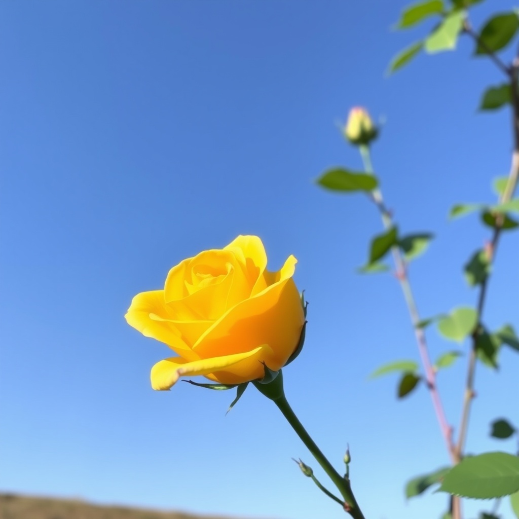 A vibrant yellow rose blooming against a clear blue sky.