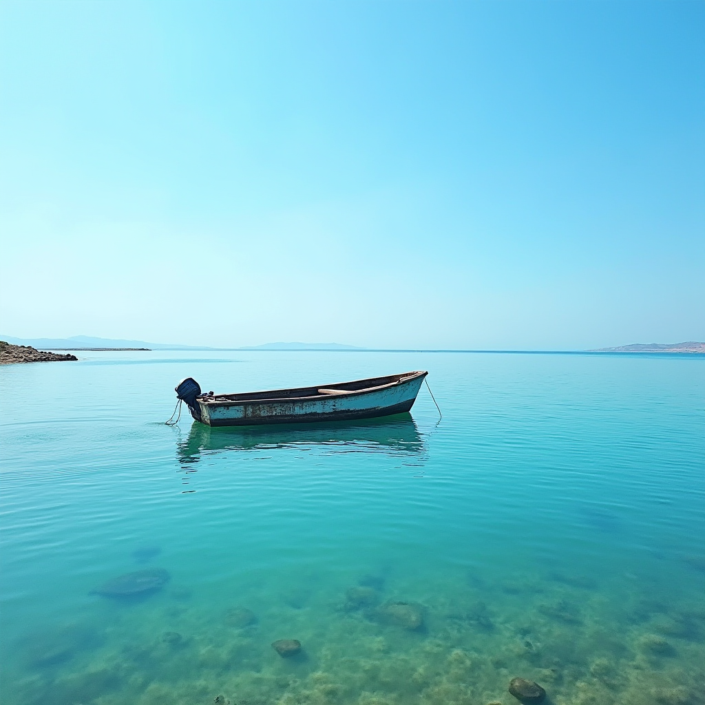 A lone boat floats on a calm, clear blue sea with a distant shoreline on the horizon.