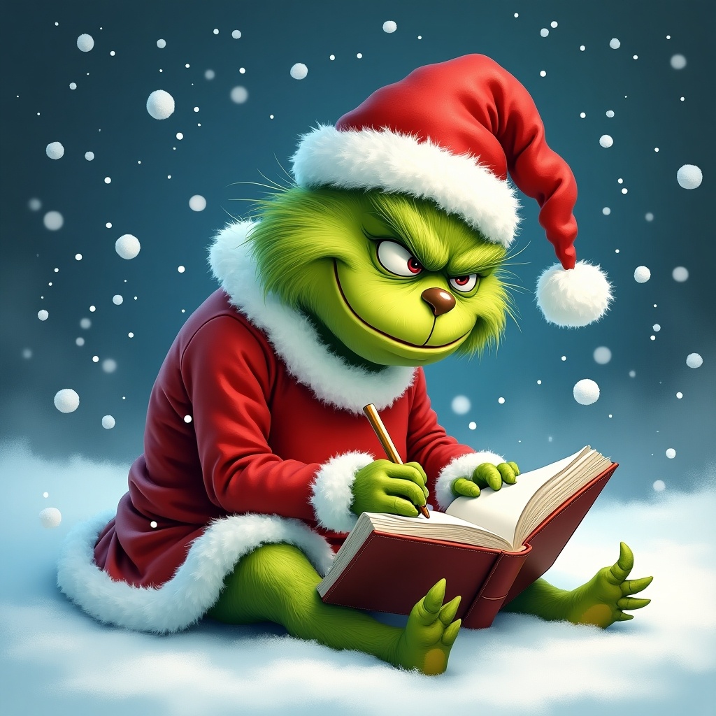 Image depicts the Grinch in a Santa outfit writing in a book while sitting in the snow. Snowflakes fall around him. The Grinch's green fur stands out against his red outfit.