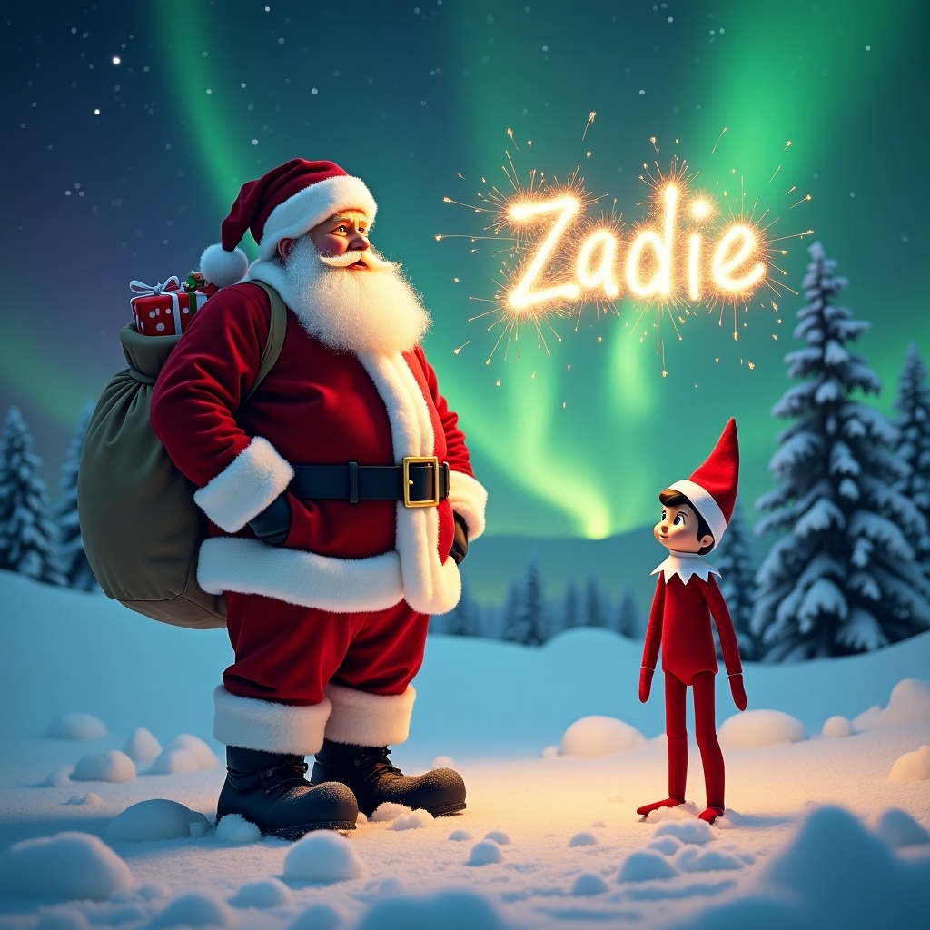 Create a festive holiday scene featuring Santa Claus and an Elf on the Shelf. Santa, wearing his classic red suit, stands proudly in a snowy landscape, gazing at the Northern Lights. The Elf, small and spirited, stands beside him, eyes wide with wonder. Above them, the vibrant Northern Lights glow in shades of green, purple, and blue. In the sky, a sparkler trail forms the name 'Zadie,' sparkling brilliantly against the backdrop of the aurora. The scene embodies joy, magic, and the spirit of Christmas.